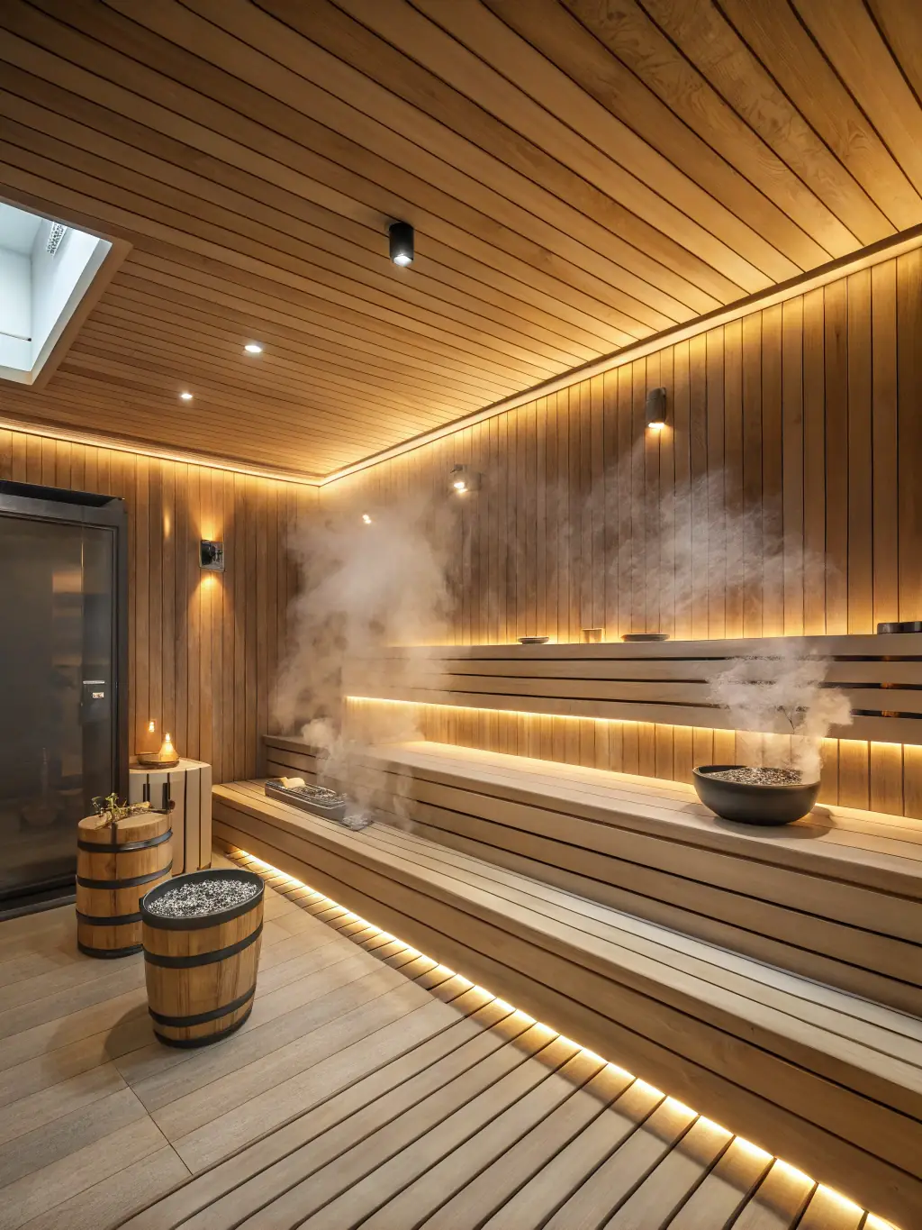 An image of a modern sauna interior with natural wood finishes, ambient lighting, and comfortable seating.