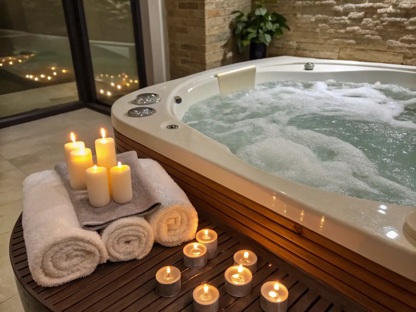 A high-end AquaPureLuxury hot tub with hydrotherapy jets, surrounded by elegant stonework and lush greenery. The image should evoke feelings of warmth, comfort, and rejuvenation.
