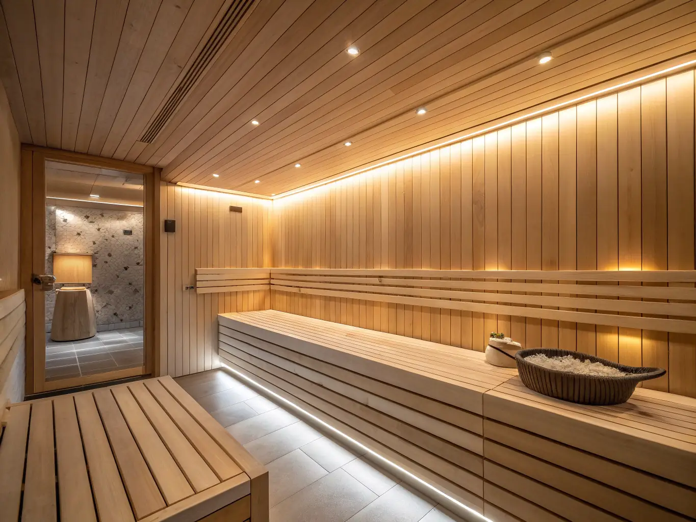 A modern AquaPureLuxury sauna with natural wood finishes and soft, ambient lighting, located in a luxurious home spa setting. The image should convey a sense of warmth, health, and well-being.