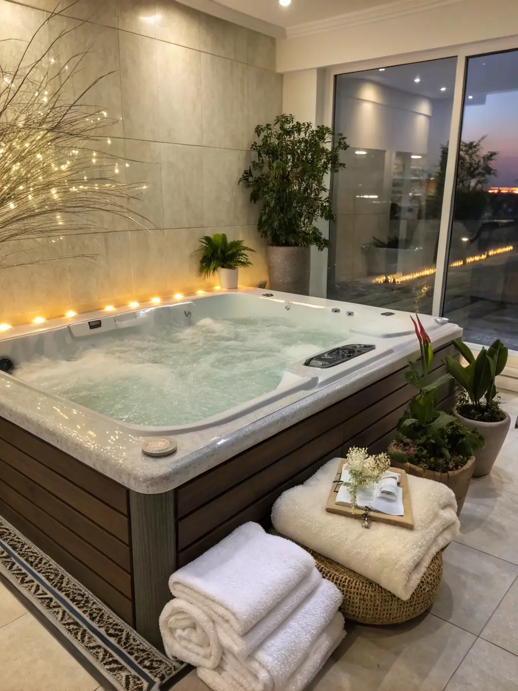 A close-up shot of a luxurious hot tub with crystal-clear water, showcasing its ergonomic design and premium jet system.